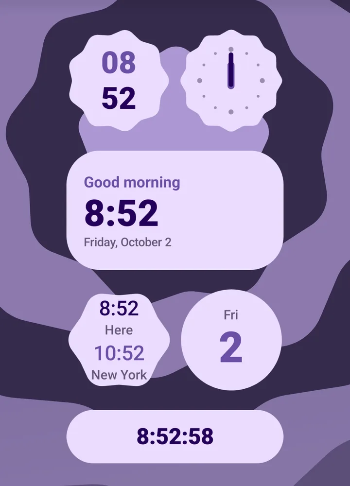 Digital, analog, world and seconds clock widgets
