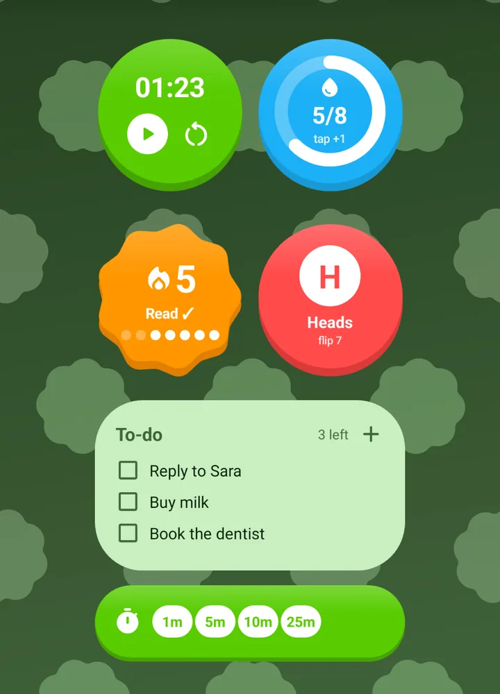Tap widgets: a timer, a water tracker, a habit tracker, a coin flip and a to-do list