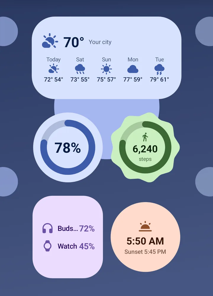 Weather, battery, steps, sunrise and earbuds battery widgets